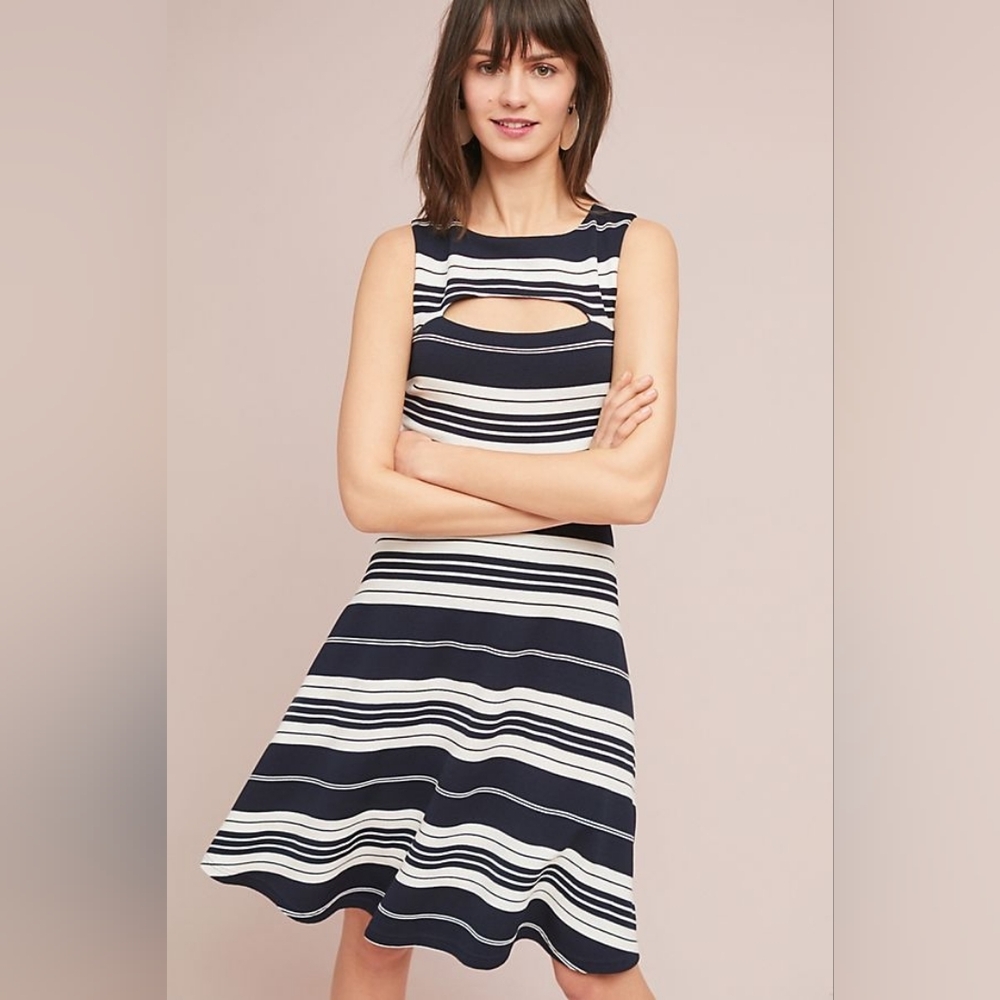 2 Maeve Riley Sleeveless Navy and Cream Stripe Fit-and-Flare Cutout Dress